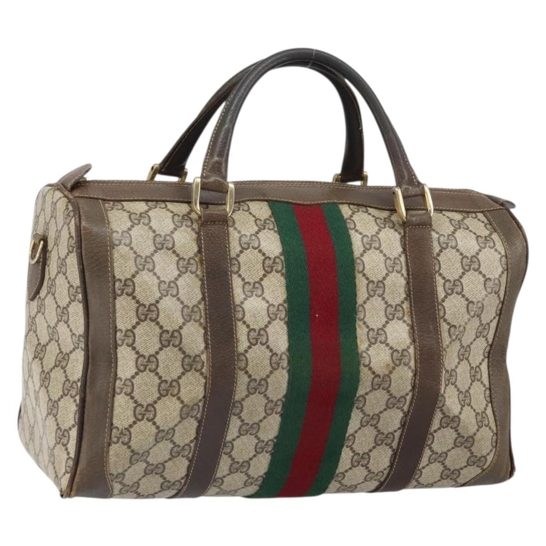 Gucci Sherry Line Boston Bag Beige Gold PVC Leather: Gucci Sherry Line Boston Bag Beige Gold PVC Leather This GUCCI GG Supreme Web Sherry Line Boston Bag features a beige and gold color scheme crafted from PVC leather and GG canvas. Designed in the clas