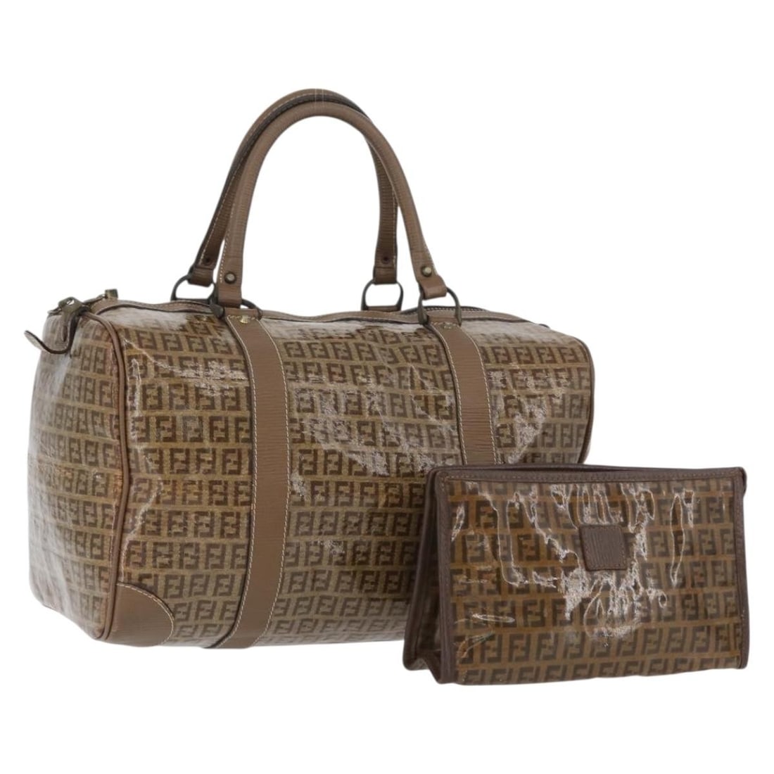 Fendi Zucchino PVC Canvas Brown Handbag Set of 2 Key: Fendi Zucchino PVC Canvas Brown Handbag Set of 2 Key This FENDI Zucchino Canvas and PVC leather handbag set in brown is designed for women and made in Italy. The set includes two handbags, each featur