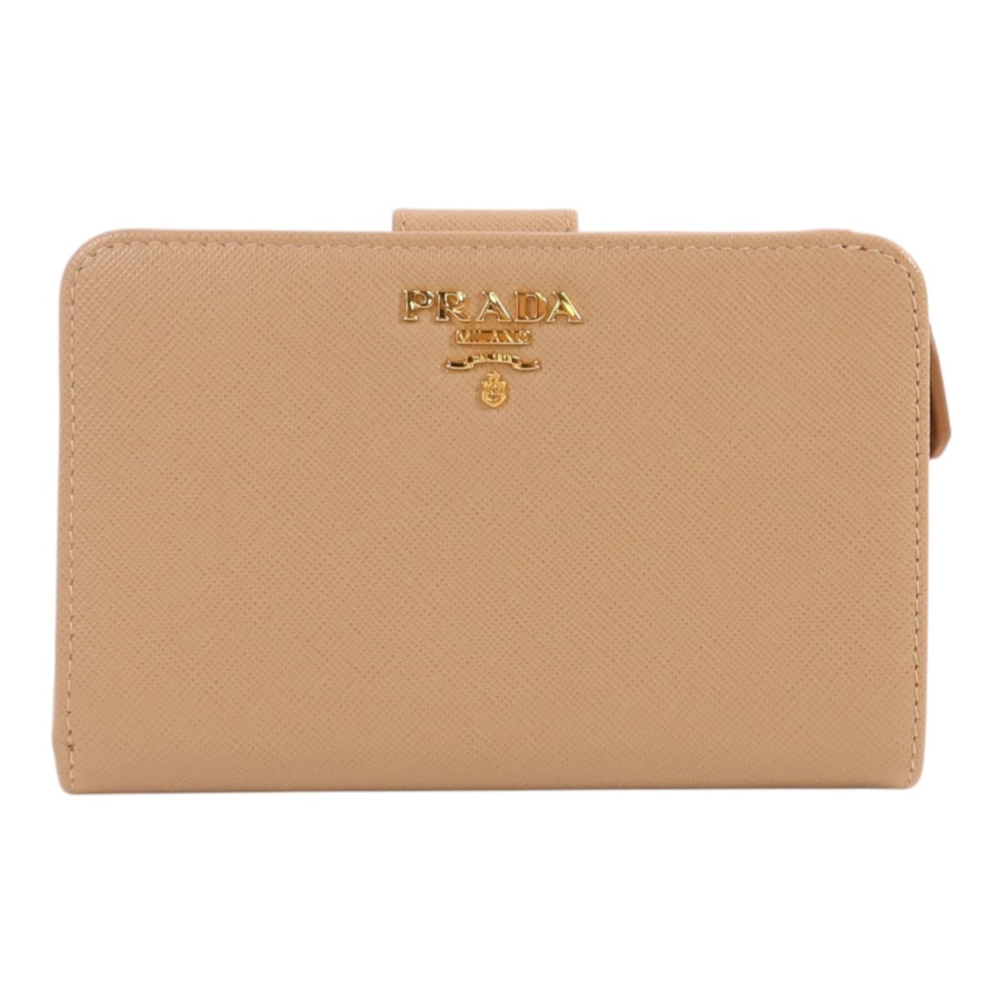 Prada Saffiano Leather Beige Bi-Fold Wallet with Gold Hardware 1M1225: Prada Saffiano Leather Beige Bi-Fold Wallet with Gold Hardware 1M1225 This Prada bi-fold wallet is crafted from beige Saffiano leather and features gold-tone hardware. Designed for women, it offers a 