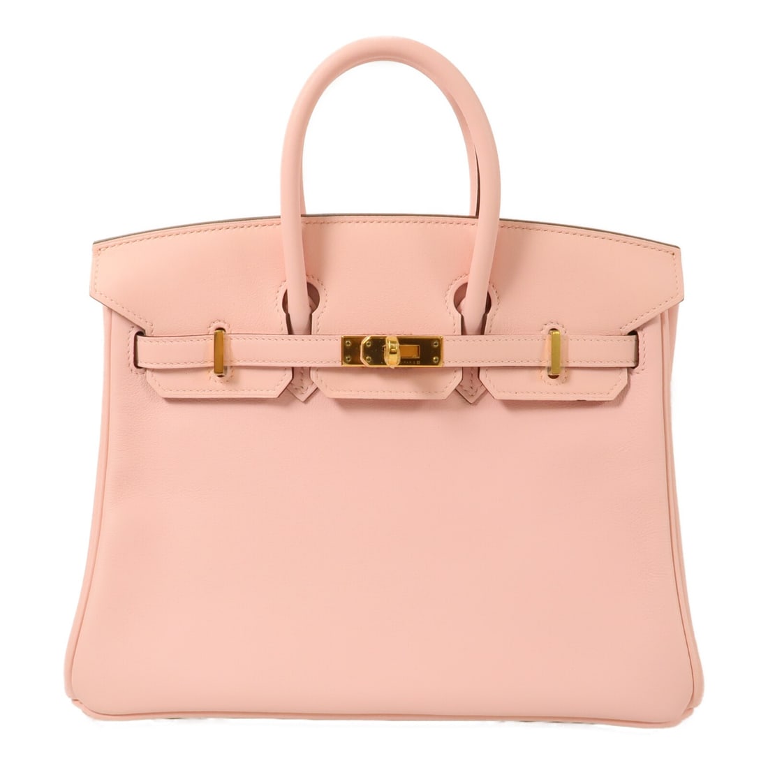 Hermes Birkin 25 Pink Vaux Swift Leather GHW Handbag: Hermes Birkin 25 Pink Vaux Swift Leather GHW Handbag This Hermes Birkin 25 handbag is crafted from Vaux Swift calfskin leather in a delicate Rose Sakura pink. Featuring gold hardware and a structured 