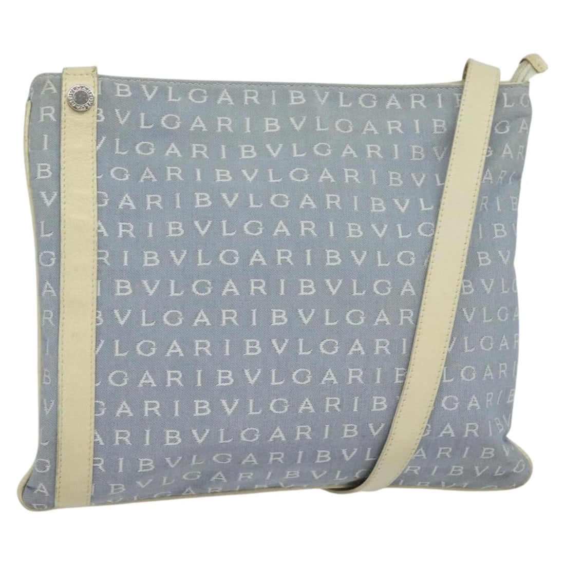 BVLGARI Logo Mania Nylon Shoulder Bag Light Blue Silver: BVLGARI Logo Mania Nylon Shoulder Bag Light Blue Silver This BVLGARI Logo Mania shoulder bag is crafted from nylon in a light blue and silver color scheme. Designed for women, the bag features a spaci