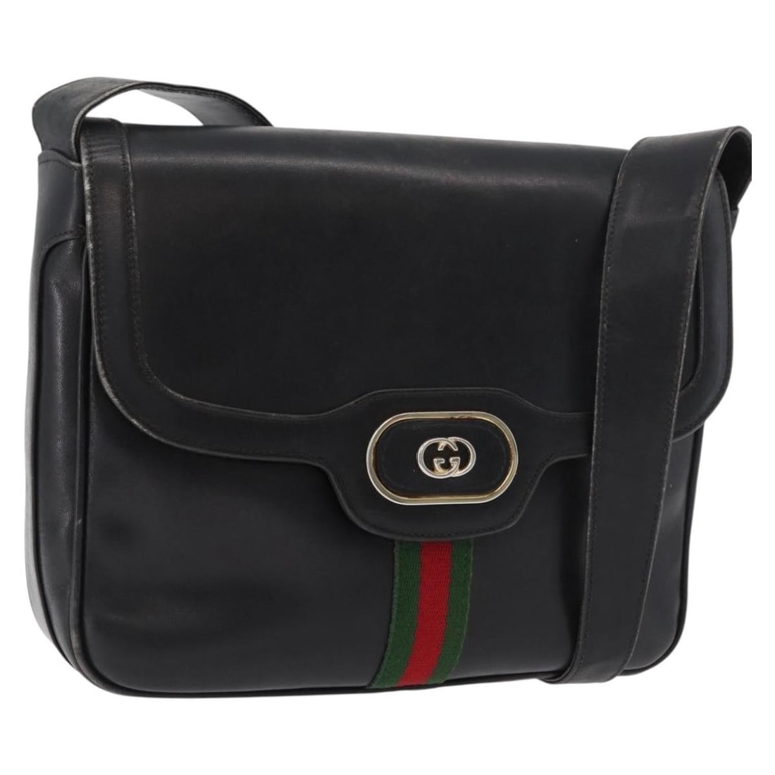 Gucci Sherry Line black leather shoulder bag gold accents: Gucci Sherry Line black leather shoulder bag gold accents This GUCCI Web Sherry Line shoulder bag features a black leather exterior accented with gold-tone details. Designed for women, the bag is craf