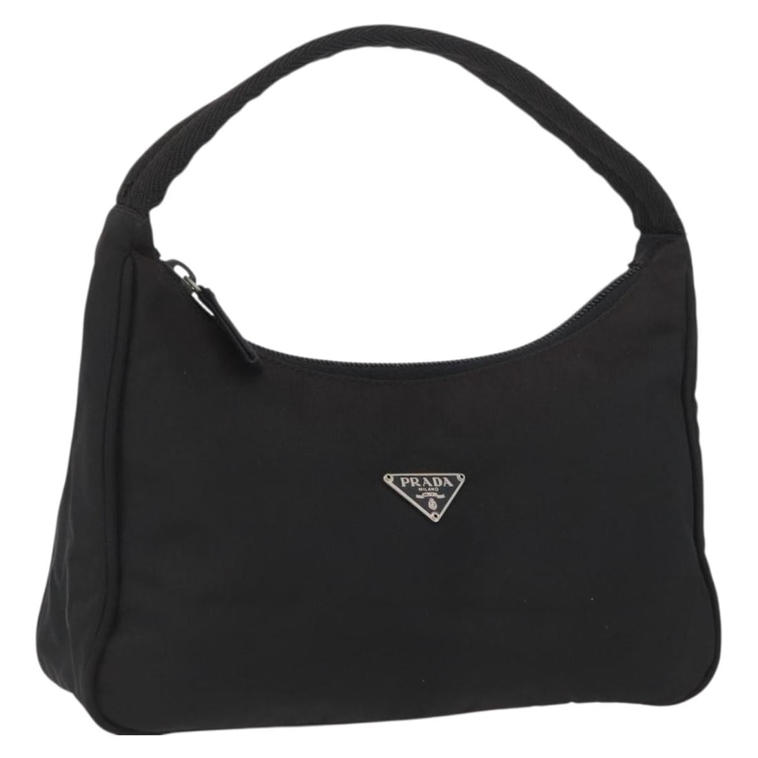 Prada Nylon Black Silver Top Handle Pouch Italy: Prada Nylon Black Silver Top Handle Pouch Italy This PRADA hand pouch is crafted from black nylon with silver-tone accents, designed for women. Made in Italy, the bag features a compact silhouette wit