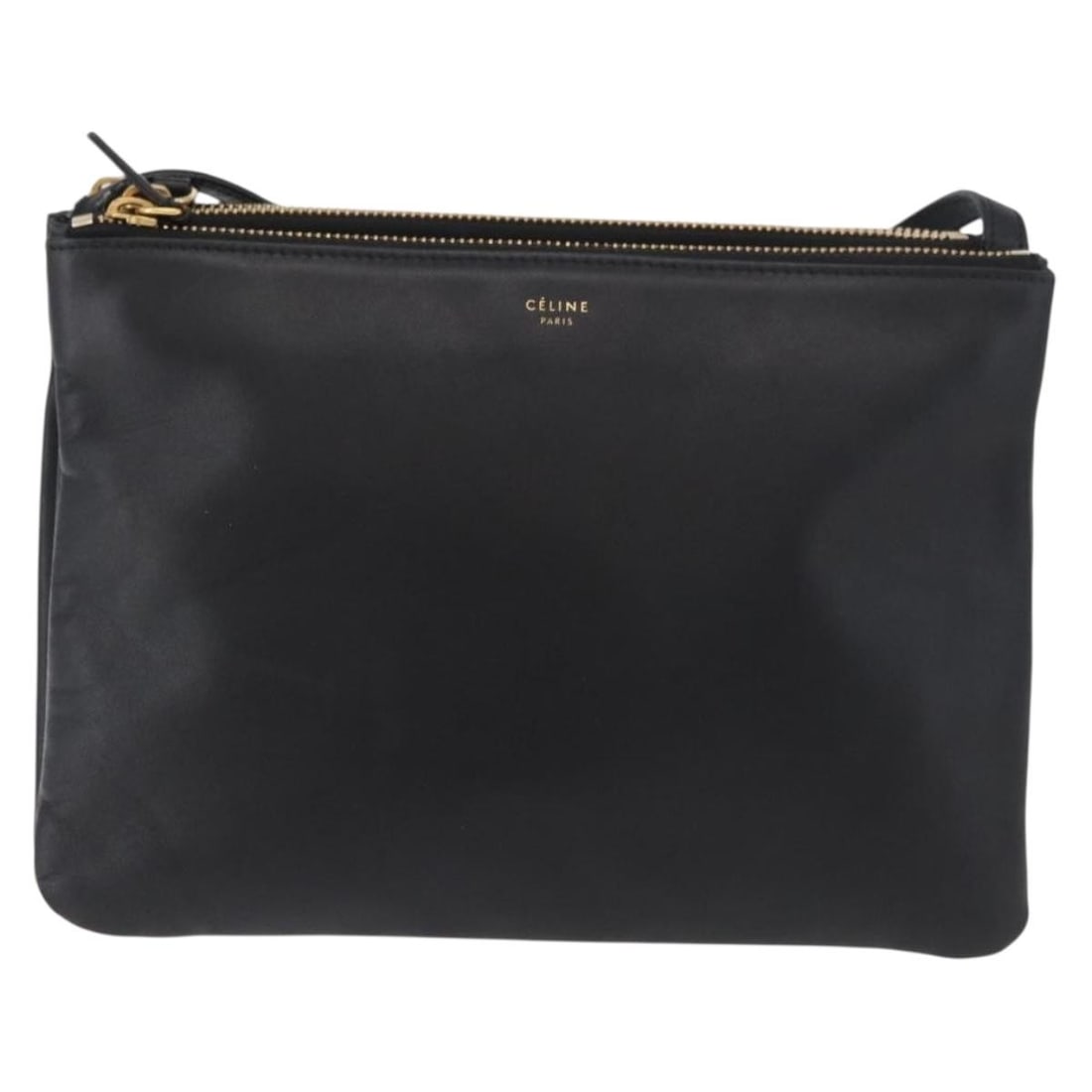 Celine Trio Leather Crossbody Bag: Celine Trio Leather Crossbody Bag This Celine Trio Crossbody Bag is crafted from black leather and features a sleek, minimalist design. Made in Italy, it offers a compact and functional silhouette. Th
