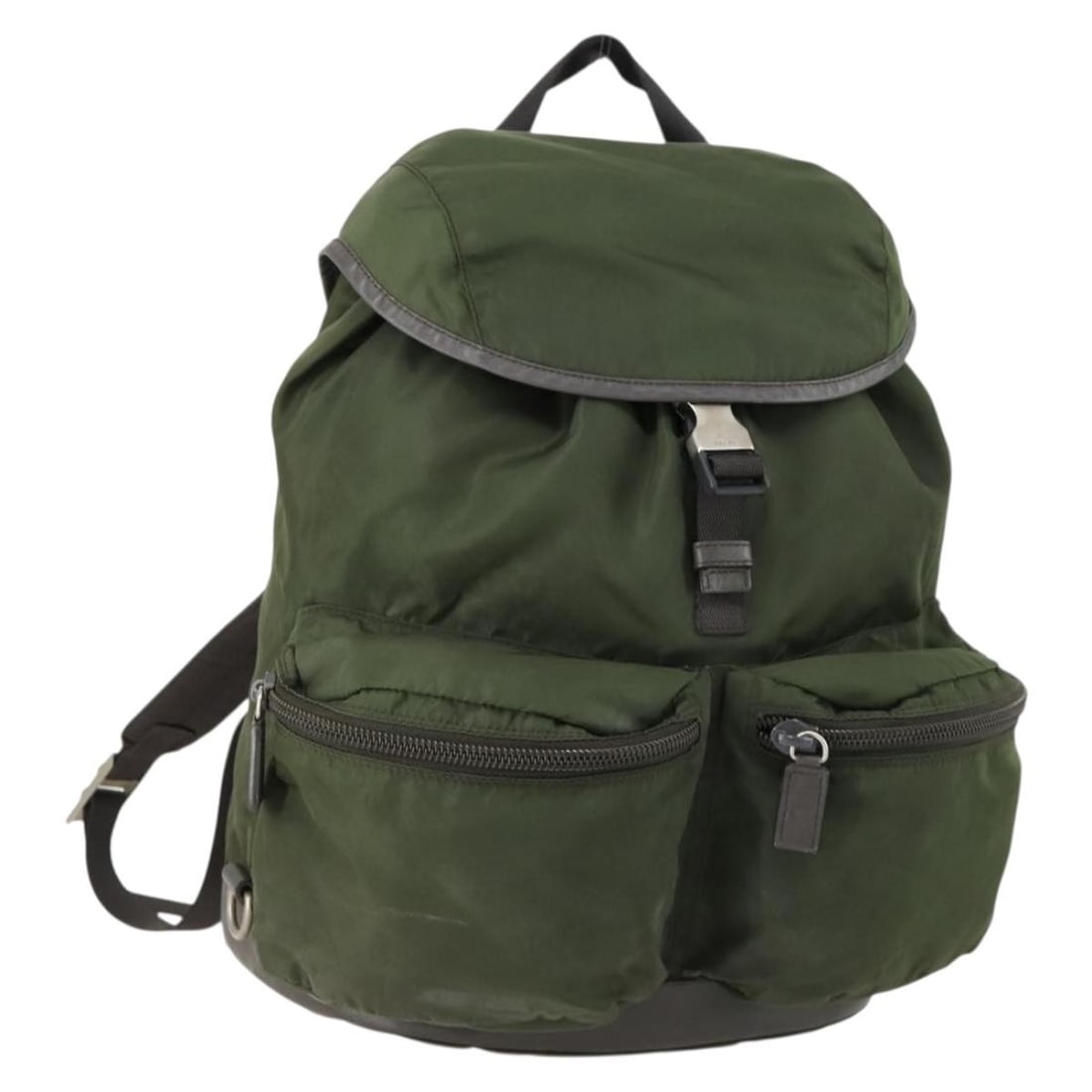 Prada khaki nylon backpack Italy silver trim: Prada khaki nylon backpack Italy silver trim This PRADA backpack is crafted from durable nylon in a khaki and silver color scheme. Designed for women, it features a spacious main compartment and a pra