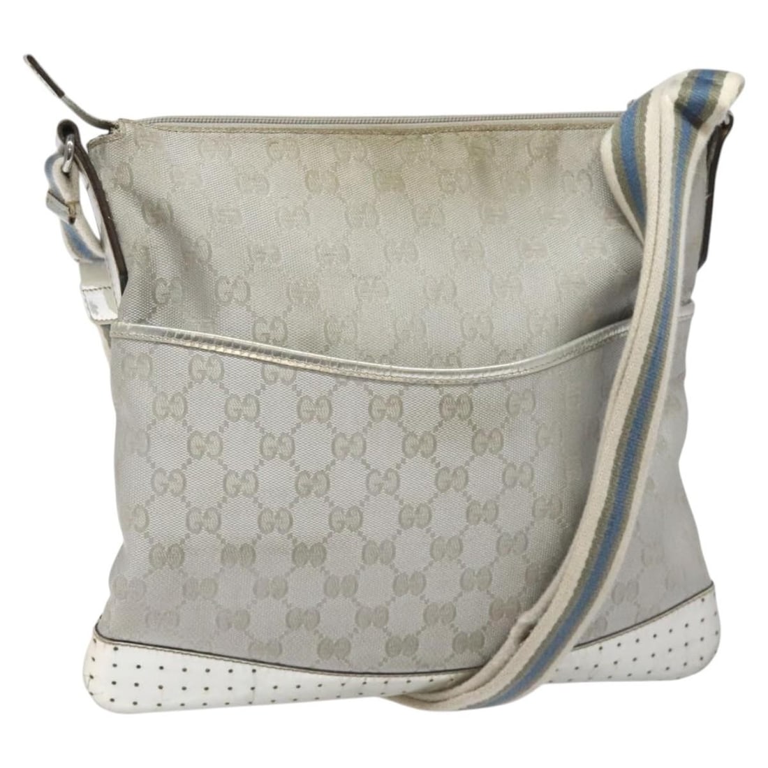 Gucci Silver Blue GG Canvas Women's Shoulder Bag Model 145857 Italy: Gucci Silver Blue GG Canvas Women's Shoulder Bag Model 145857 Italy This GUCCI GG Canvas shoulder bag features a silver and blue color scheme and is crafted from GG Canvas material. Designed for women