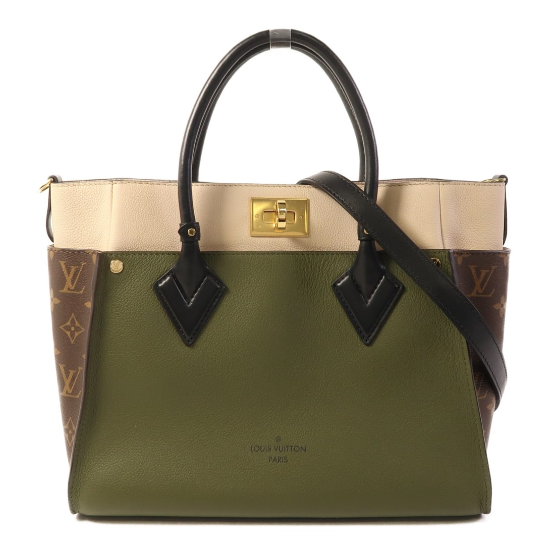 Louis Vuitton On My Side MM Khaki PVC Coated Canvas Bag: Louis Vuitton On My Side MM Khaki PVC Coated Canvas Bag This Louis Vuitton On My Side MM 2-way shoulder bag features a versatile design in khaki PVC coated canvas with gold-tone hardware. Crafted in F