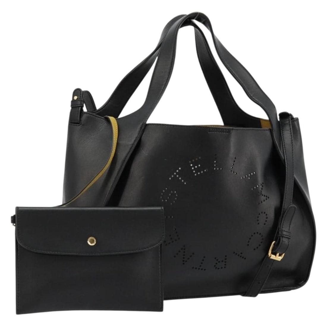 Stella MacCartney Black Gold Leather 2way Handbag 513860 with Strap Pouch: Stella MacCartney Black Gold Leather 2way Handbag 513860 with Strap Pouch This Stella McCartney handbag features a versatile 2-way design crafted from black and gold leather. Made in Italy, it offers 