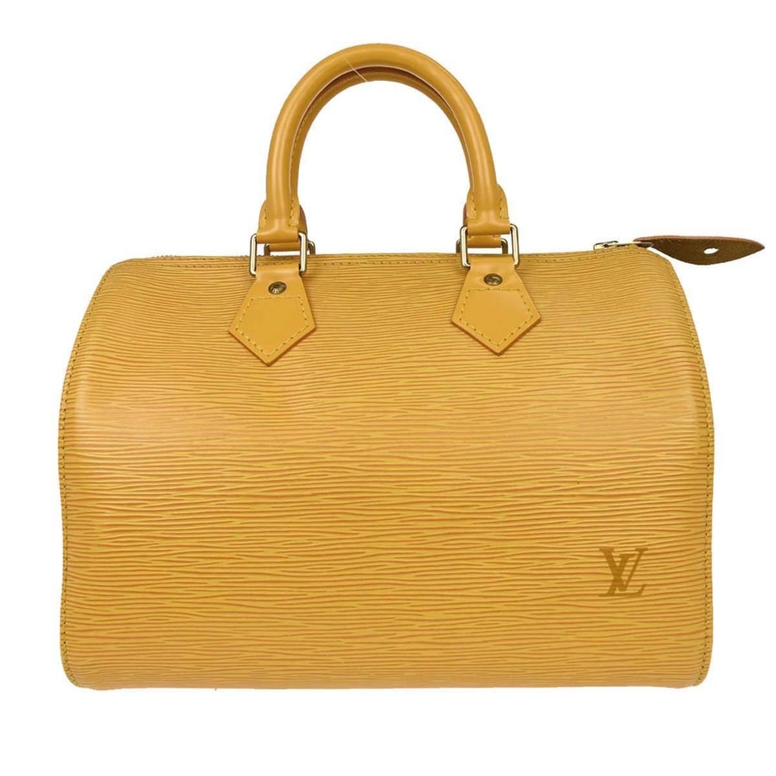 Louis Vuitton Speedy 25 Yellow Epi Leather Duffle Bag: Louis Vuitton Speedy 25 Yellow Epi Leather Duffle Bag This Louis Vuitton Speedy 25 handbag features the signature yellow Epi leather, accented with matching yellow double handles and a zip closure. Th