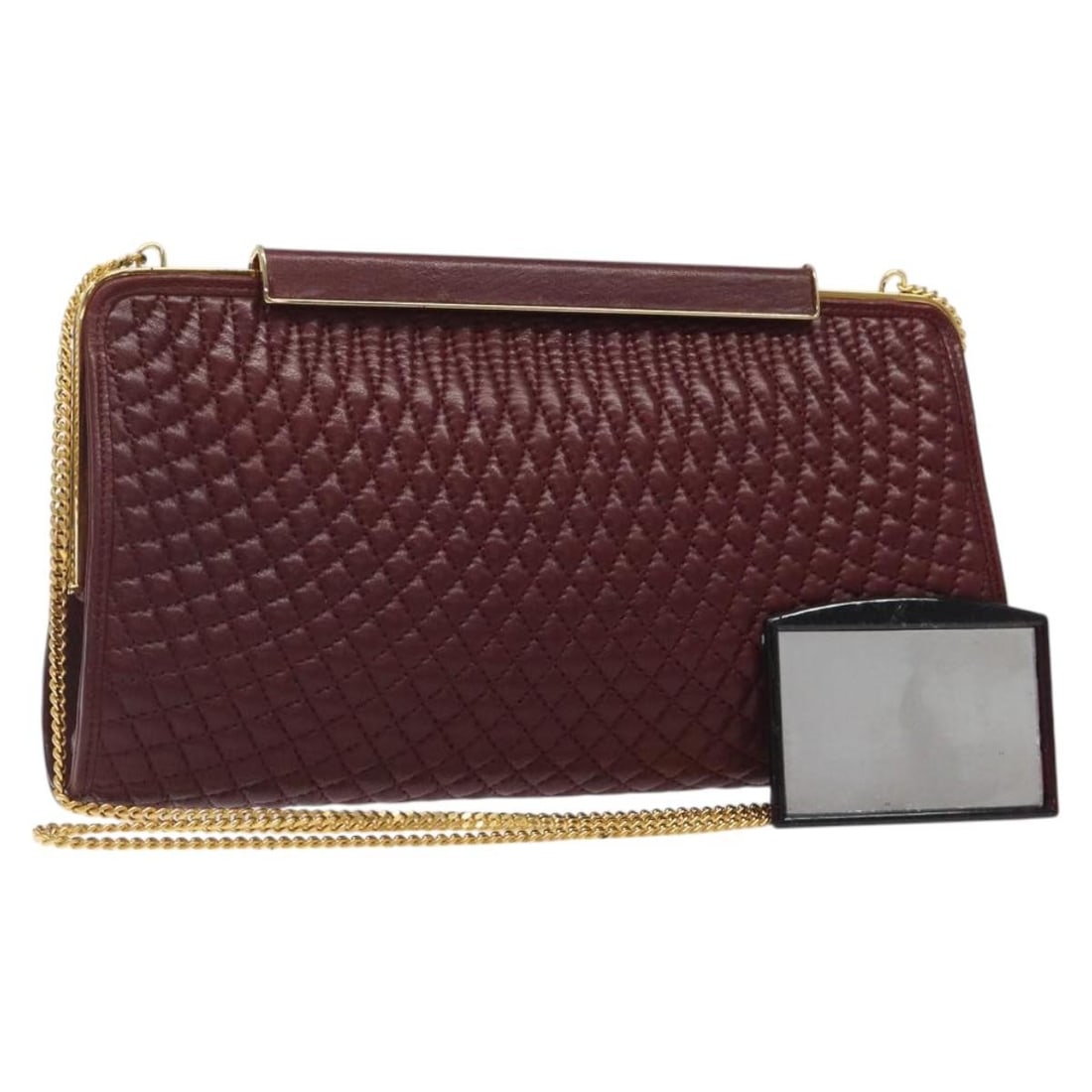 BALLY Bordeaux Gold Leather Quilted Shoulder Bag with Mirror: BALLY Bordeaux Gold Leather Quilted Shoulder Bag with Mirror This BALLY quilted chain shoulder bag is crafted from leather in a Bordeaux and gold color scheme. Designed for women, it features a chain 