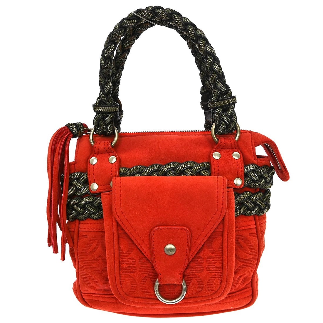 Loewe red suede shoulder bag 7 in x 6 in x 2 in: Loewe red suede shoulder bag 7 in x 6 in x 2 in This Loewe shoulder bag features a striking red suede exterior, offering a bold and sophisticated look. Crafted in Spain, the handbag is designed for wo