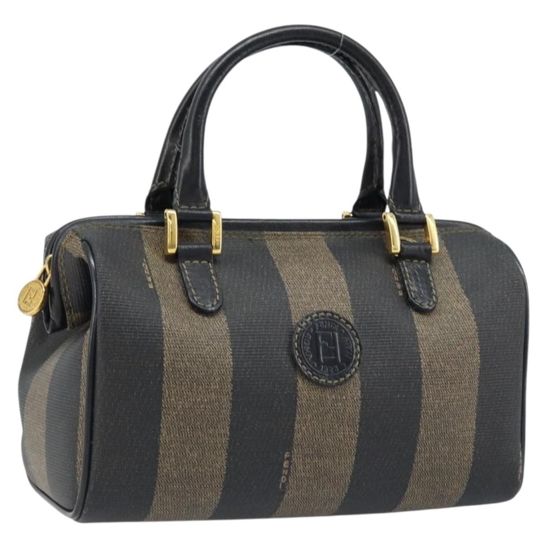 Fendi Pequin Canvas Boston Bag Black Brown Gold Italy: Fendi Pequin Canvas Boston Bag Black Brown Gold Italy This FENDI Boston Bag features a compact mini silhouette crafted from PVC leather and Pequin canvas in black, brown, and gold tones. Designed for 
