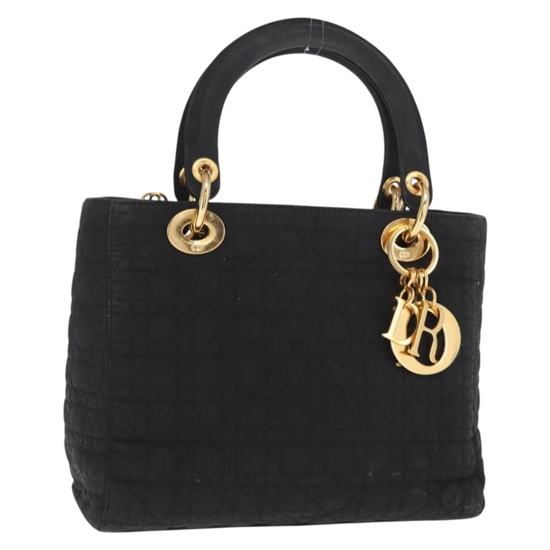 Lady Dior Black Nylon Tote with Gold Tone Hardware and Charm: Lady Dior Black Nylon Tote with Gold Tone Hardware and Charm This Christian Dior Lady Dior Canage handbag features a black nylon exterior with gold-tone accents. The bag includes a charm accessory