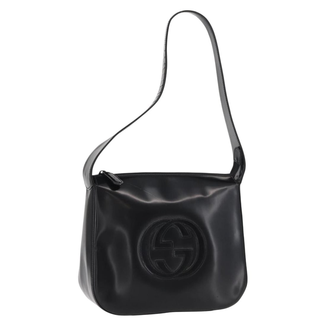 Black Patent Leather Gucci Shoulder Bag Italy Model 162378: Black Patent Leather Gucci Shoulder Bag Italy Model 162378 This is a GUCCI shoulder bag crafted from black patent leather. Made in Italy, the bag features a sleek design with a shoulder strap and is s