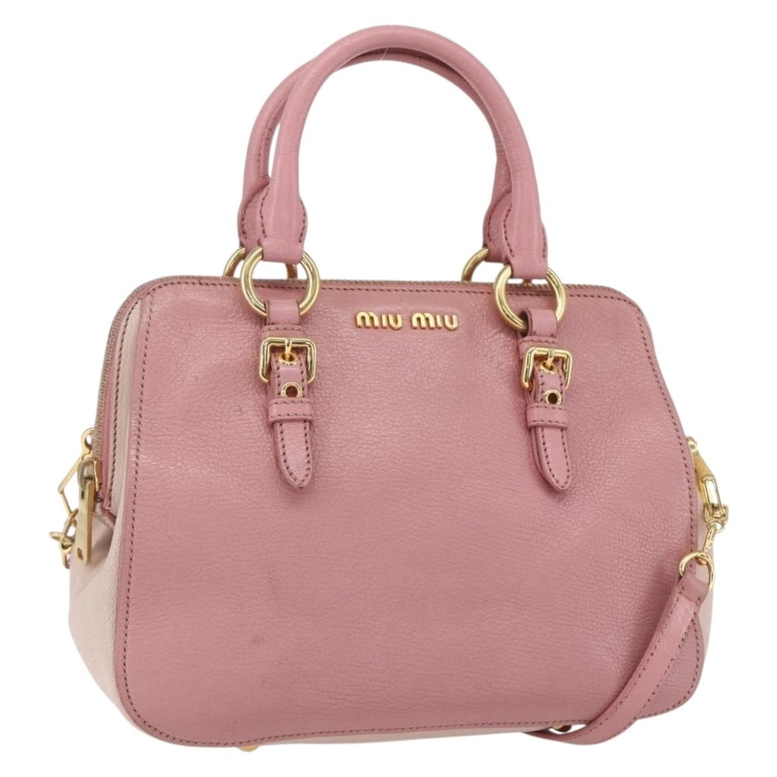 Miu Miu Pink Gold Leather Hand Bag 2way with Shoulder Strap Auth: Miu Miu Pink Gold Leather Hand Bag 2way with Shoulder Strap Auth This Miu Miu handbag is a luxurious accessory crafted in Italy from high-quality leather. The exterior features a stylish pink and gold