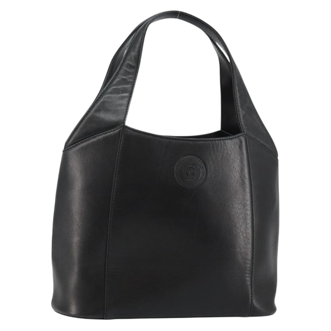 Gianni Versace Black Gold Leather Hand Bag BA6268: Gianni Versace Black Gold Leather Hand Bag BA6268 This authentic Gianni Versace hand bag showcases a luxurious black leather exterior accented with gold details. With approximate dimensions of 10.2 in