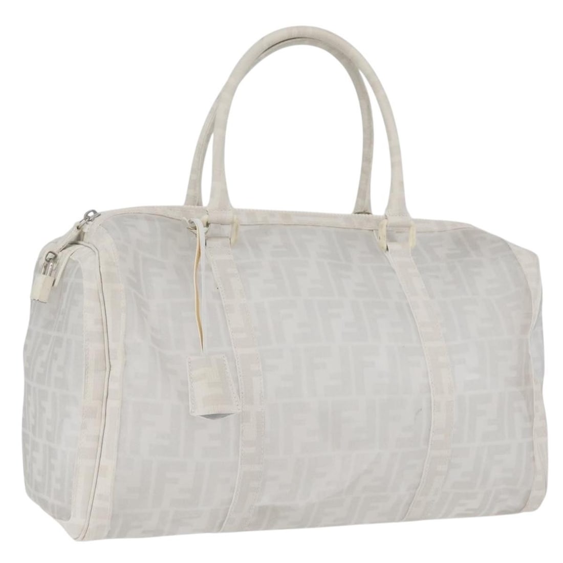 Fendi White Zucca Canvas Boston Bag with Silver Accents and Padlock: Fendi White Zucca Canvas Boston Bag with Silver Accents and Padlock This FENDI Boston bag showcases the signature Zucca canvas in a stylish white and silver color combination. Designed for women, the 