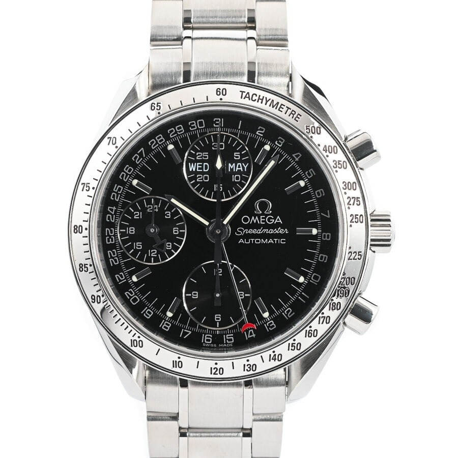 OMEGA Speedmaster Day-Date 3523-50 Automatic Chronograph Black Dial: OMEGA Speedmaster Day-Date 3523-50 Automatic Chronograph Black Dial This OMEGA Speedmaster Day-Date Japan Limited Edition men's wristwatch features a stainless steel case and bracelet with a black dia
