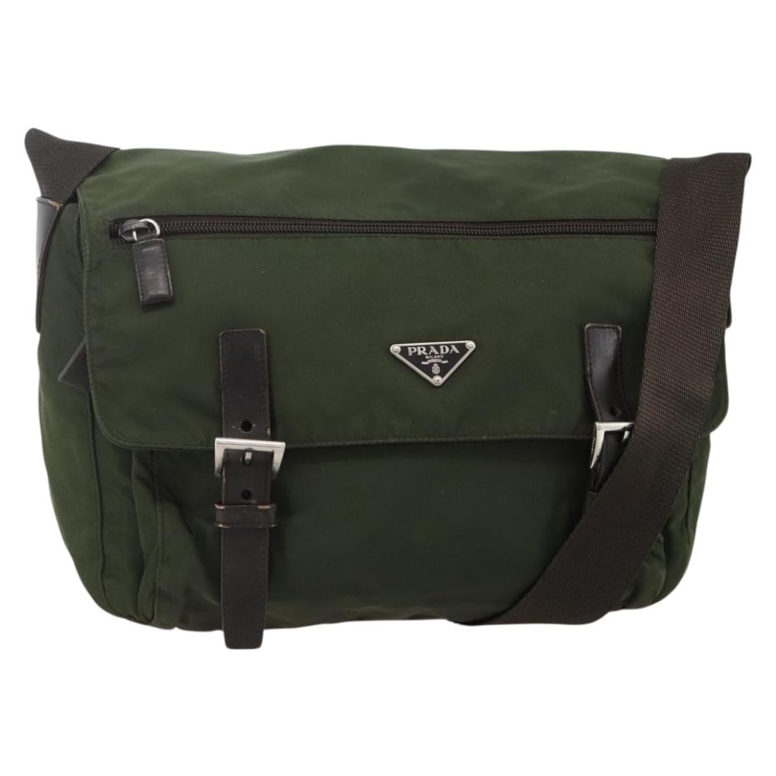 Prada Khaki Silver Nylon Shoulder Bag Italy Auth: Prada Khaki Silver Nylon Shoulder Bag Italy Auth This PRADA shoulder bag is crafted from durable nylon in a khaki and silver color combination. Designed for women, it features a spacious interior and 