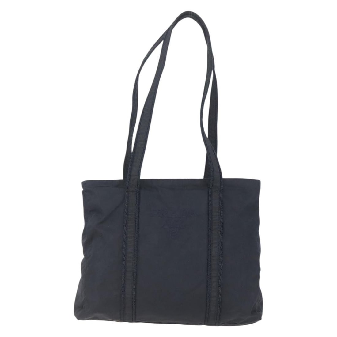 Black Nylon Prada Female Vintage Shoulder Bag 35x30x9cm: Black Nylon Prada Female Vintage Shoulder Bag 35x30x9cm This Prada vintage shoulder bag for women features black nylon material with metal fittings. It shows signs of wear including surface deformatio