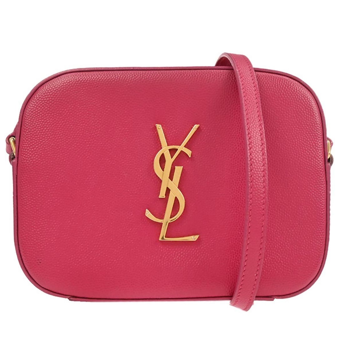 Pink Leather Small Saint Laurent Camera Shoulder Bag with Logo Accent: Pink Leather Small Saint Laurent Camera Shoulder Bag with Logo Accent This Saint Laurent pink camera bag is crafted from leather and features a logo accent on the exterior. Designed as a small shoulde