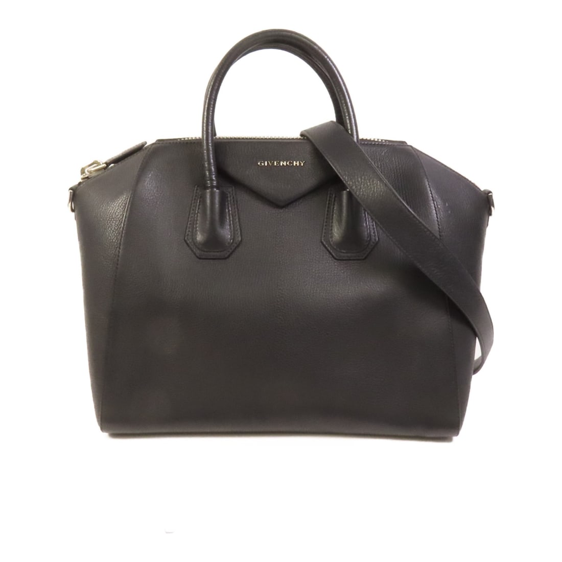 Givenchy Antigona Black Calfskin 2 Way Convertible Shoulder Bag: Givenchy Antigona Black Calfskin 2 Way Convertible Shoulder Bag This Givenchy Antigona 2-way shoulder bag is crafted from black calfskin leather and features a versatile design that can be carried by 