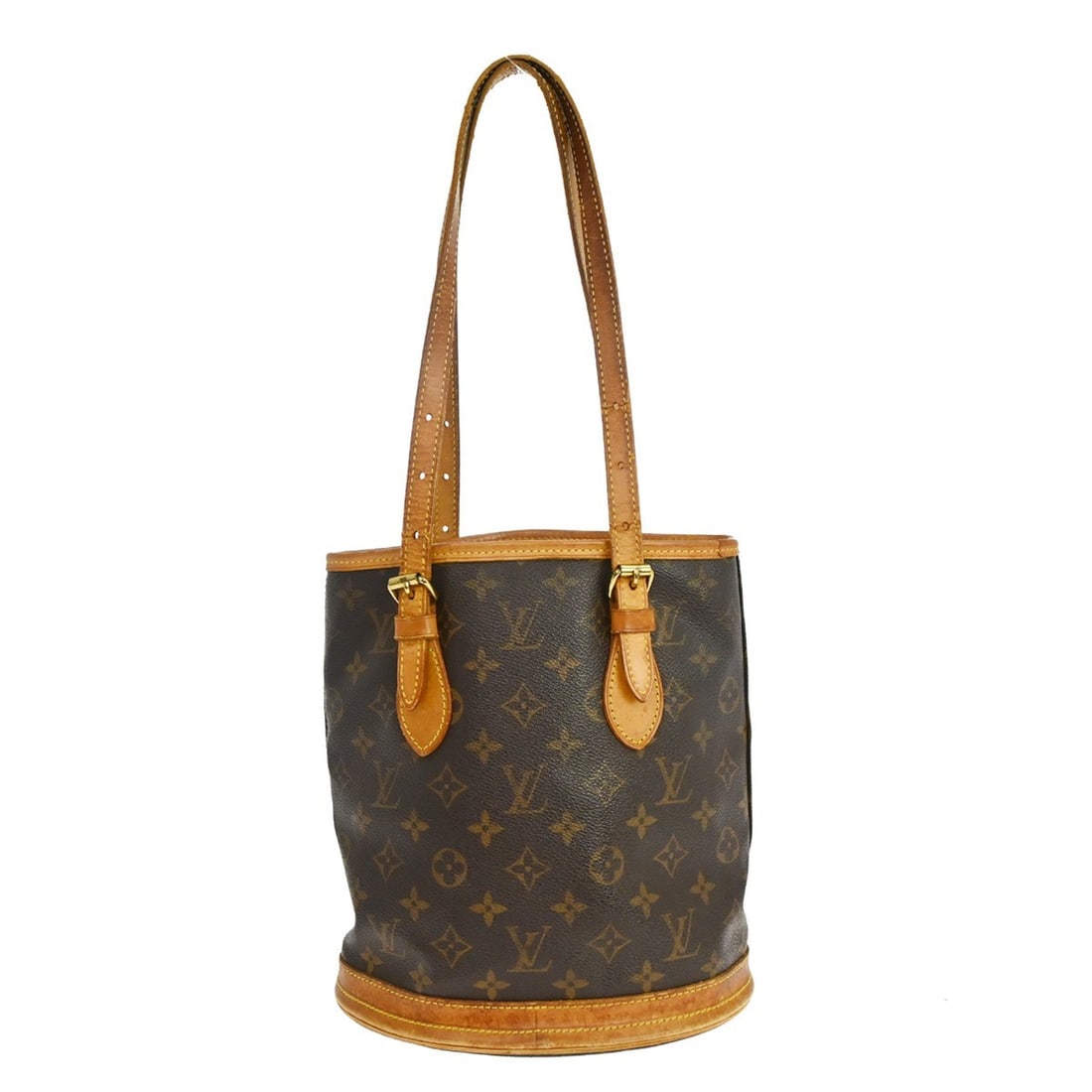 Louis Vuitton Petite Bucket Monogram Canvas Tote Bag: Louis Vuitton Petite Bucket Monogram Canvas Tote Bag This Louis Vuitton Monogram Bucket PM Tote Bag features the signature monogram canvas exterior with brown leather shoulder straps and beige leather