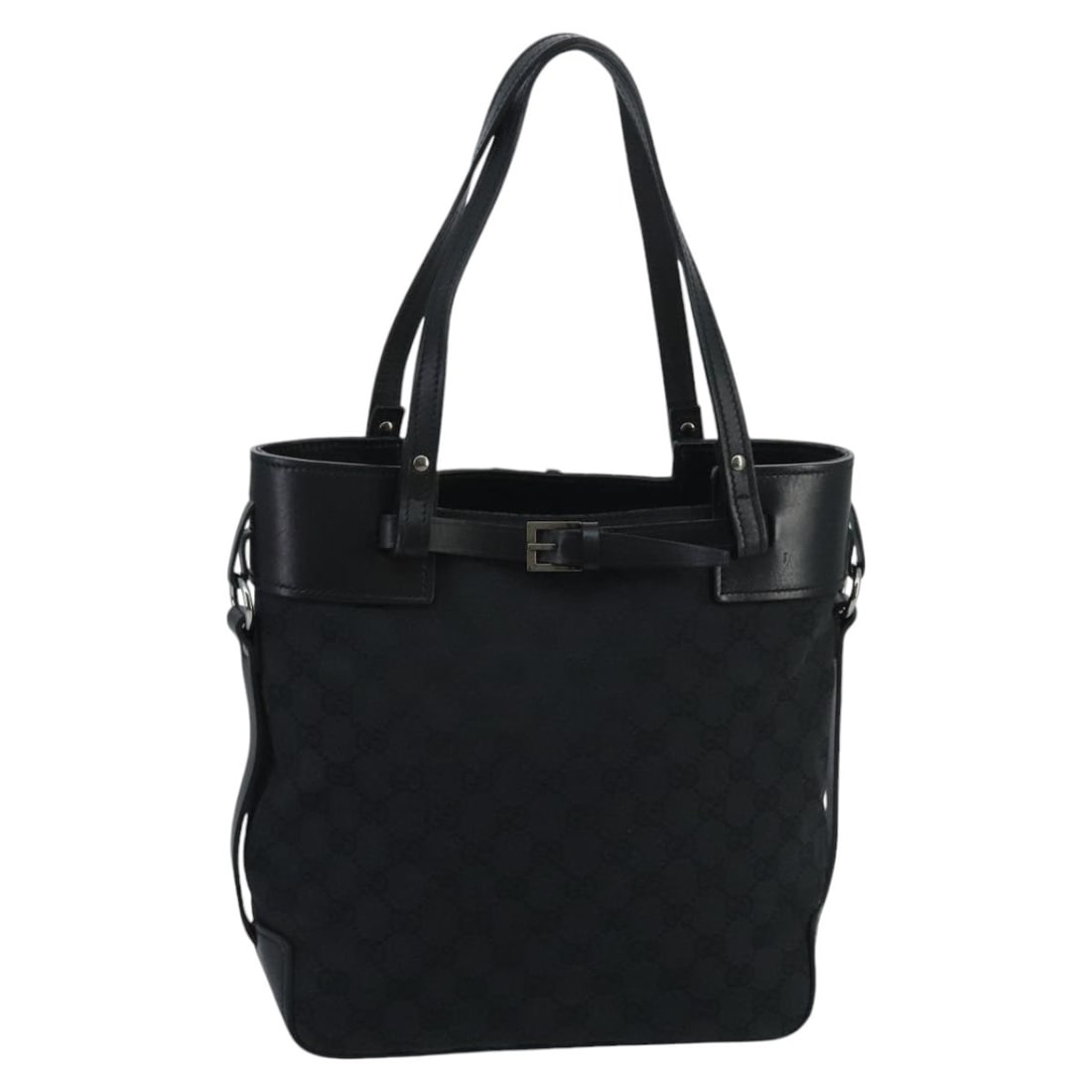 Gucci Black GG Canvas Tote with Silver Accents and Dust Bag: Gucci Black GG Canvas Tote with Silver Accents and Dust Bag This Gucci GG Canvas tote bag features a black and silver color combination and is crafted from GG Canvas material. Designed for women, the 