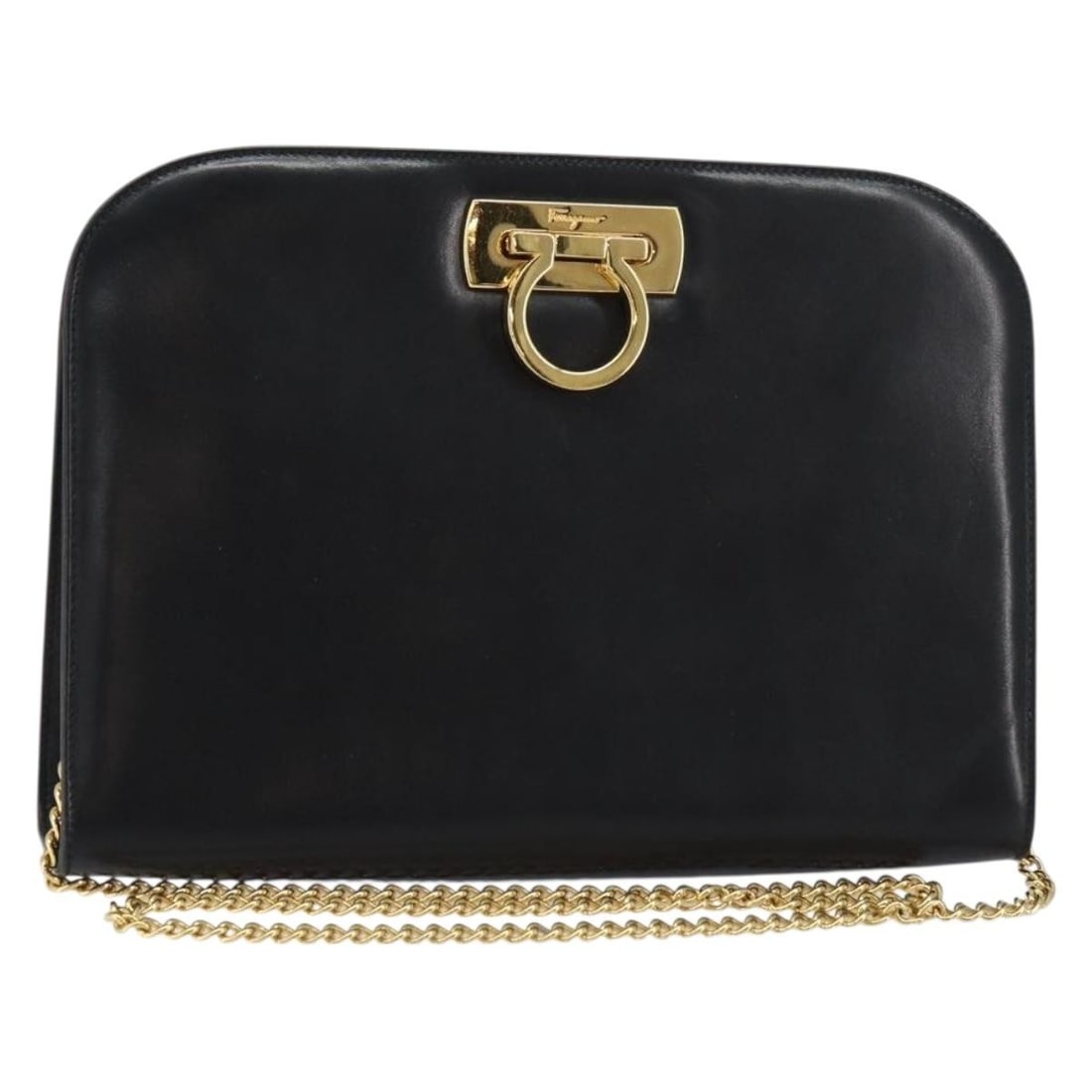 Black Leather Gancini Chain Shoulder Bag by Salvatore Ferragamo Italy: Black Leather Gancini Chain Shoulder Bag by Salvatore Ferragamo Italy This Salvatore Ferragamo Gancini chain shoulder bag is crafted from black leather with gold-tone accents. Designed in Italy, it fe
