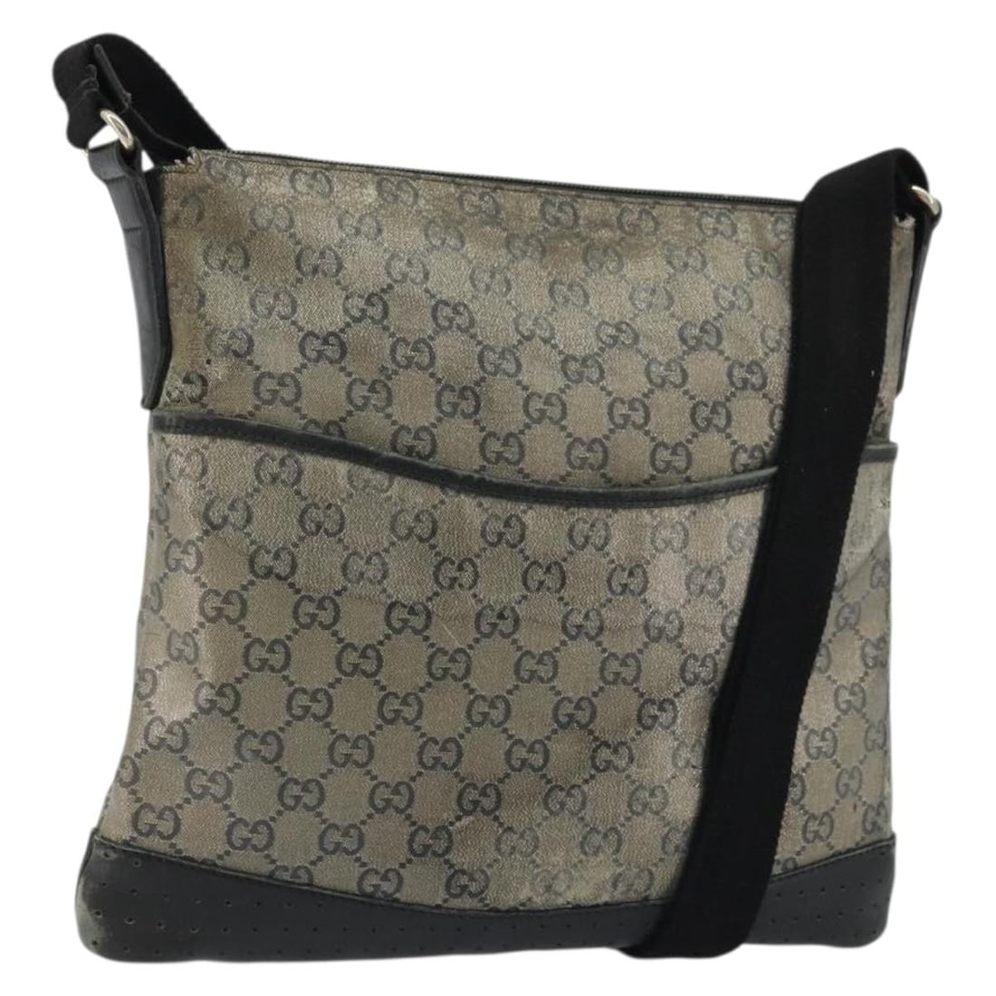 Gucci GG Crystal Navy Gold Coated Canvas Shoulder Bag 145857: Gucci GG Crystal Navy Gold Coated Canvas Shoulder Bag 145857 This GUCCI GG Crystal shoulder bag features a navy and gold coated canvas exterior, complemented by gold-tone details. Designed for women, 