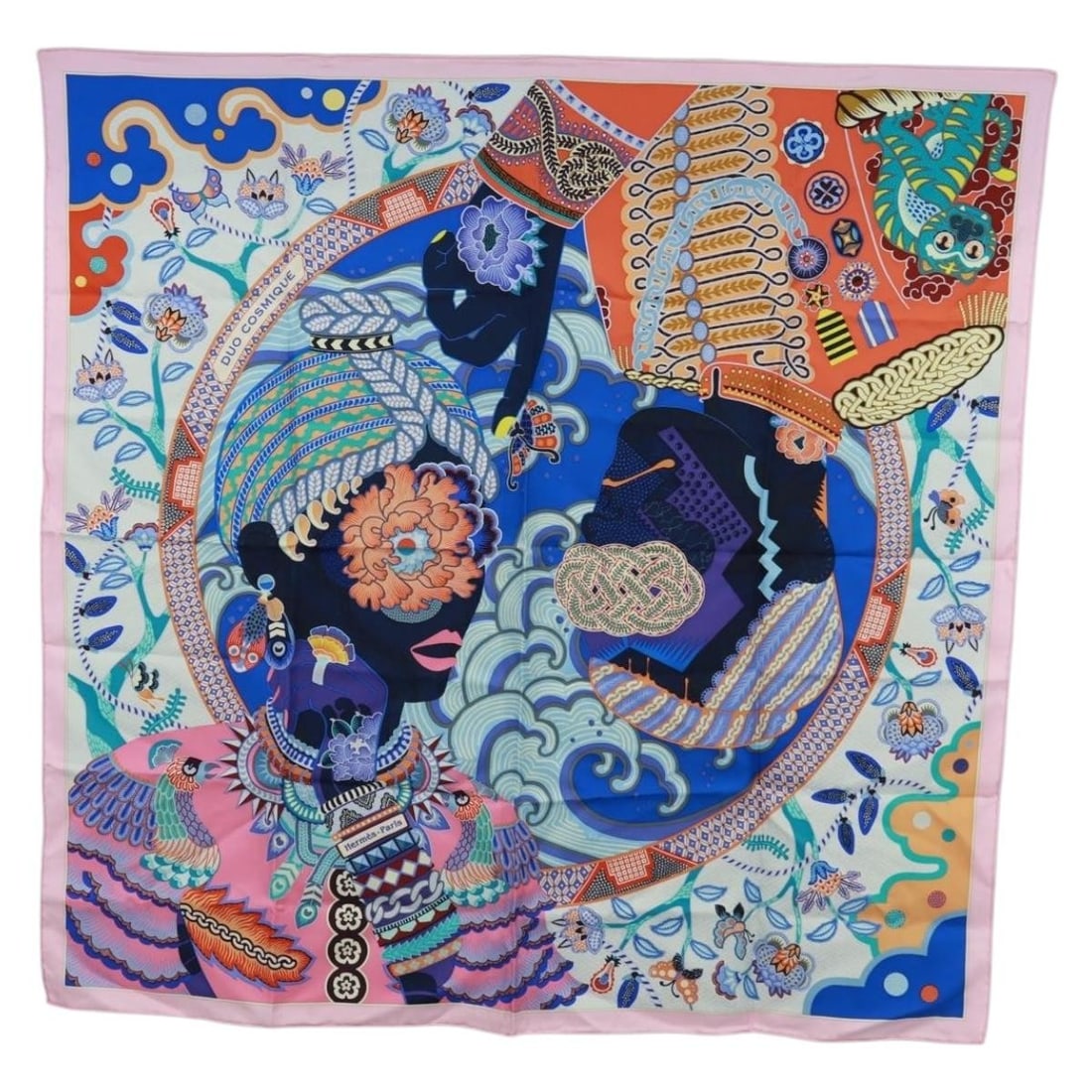 Hermes Duo Cosmique pink silk Carre 90 scarf with box: Hermes Duo Cosmique pink silk Carre 90 scarf with box This Hermes Carre 90 "Duo Cosmique" scarf is crafted from luxurious silk in a pink color. Designed for women, it features a generous 90 cm square 