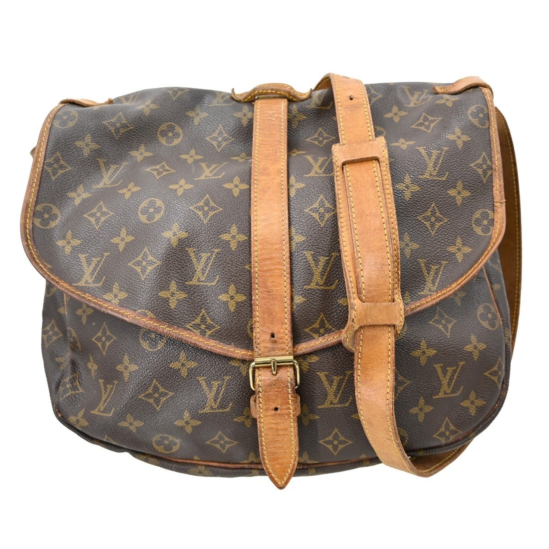 Louis Vuitton Saumur 35 Monogram Canvas Crossbody Bag: Louis Vuitton Saumur 35 Monogram Canvas Crossbody Bag This is a vintage Louis Vuitton Saumur 35 messenger shoulder bag, crafted from signature monogram canvas leather with brown leather trim. The bag 