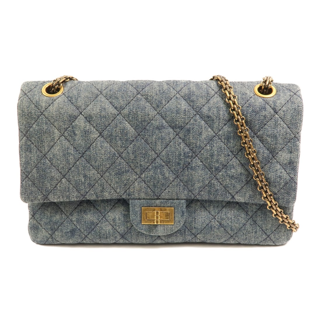 Chanel 2.55 Blue Denim Large Shoulder Bag with Gold Hardware: Chanel 2.55 Blue Denim Large Shoulder Bag with Gold Hardware This CHANEL CC 2.55 large chain shoulder bag features a blue denim exterior with gold-tone hardware and a classic chain strap. Designed for