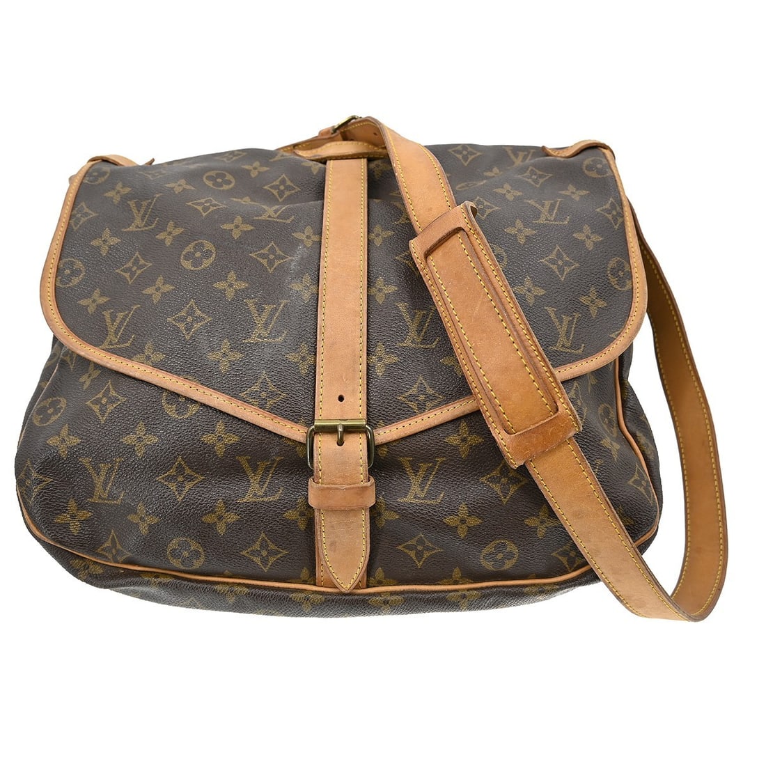 Louis Vuitton Saumur 35 Monogram Canvas Crossbody Bag: Louis Vuitton Saumur 35 Monogram Canvas Crossbody Bag This is a vintage Louis Vuitton Saumur 35 shoulder bag, crafted from the brand's signature monogram canvas leather. The bag features a buckle clos