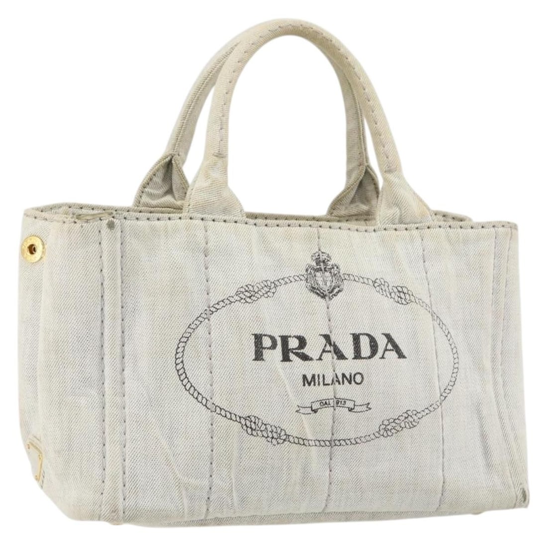 PRADA Canapa PM Gray Gold Canvas Hand Bag Auth 153175: PRADA Canapa PM Gray Gold Canvas Hand Bag Auth 153175 This PRADA Canapa PM Hand Bag showcases a sophisticated blend of gray and gold hues, crafted from durable canvas. With dimensions of approximately
