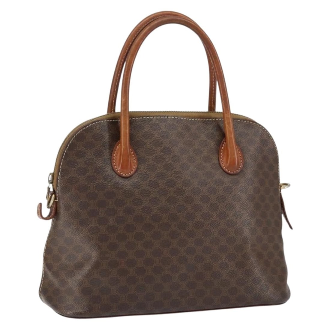 CELINE Macadam Canvas Hand Bag Brown Gold Authentic Italy: CELINE Macadam Canvas Hand Bag Brown Gold Authentic Italy This CELINE Macadam Canvas Hand Bag is a sophisticated accessory crafted in Italy, featuring a combination of PVC leather and Macadam canvas i