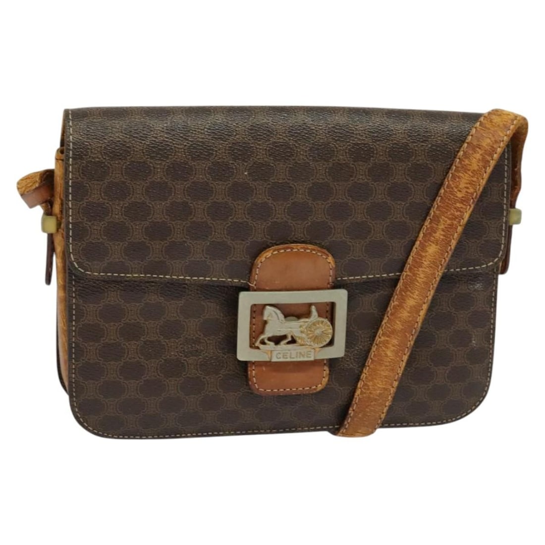 CELINE Macadam Canvas Brown Shoulder Bag PVC Leather Made in Italy: CELINE Macadam Canvas Brown Shoulder Bag PVC Leather Made in Italy This authentic CELINE Macadam Canvas Shoulder Bag combines style and functionality, crafted from durable PVC leather in a rich brown 