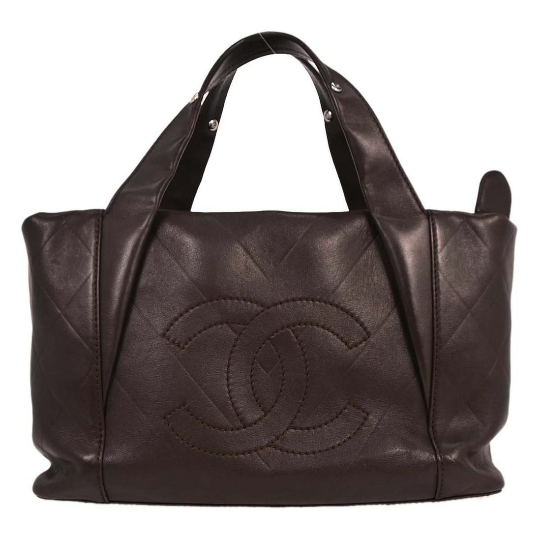 Brown Chevron Lambskin Top Handle Bag by Chanel with Logo Accent: Brown Chevron Lambskin Top Handle Bag by Chanel with Logo Accent This Chanel handbag features brown lambskin leather with a chevron pattern and logo accents. Designed as a medium-sized top handle bag,