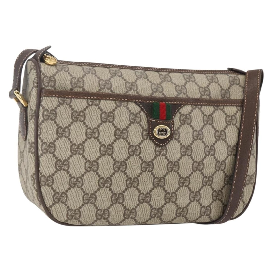 Beige GG Supreme Sherry Line Shoulder Bag by Gucci 164 02 077: Beige GG Supreme Sherry Line Shoulder Bag by Gucci 164 02 077 This is a Gucci GG Supreme Web Sherry Line shoulder bag crafted from beige and gold PVC leather with GG canvas accents. The bag features a