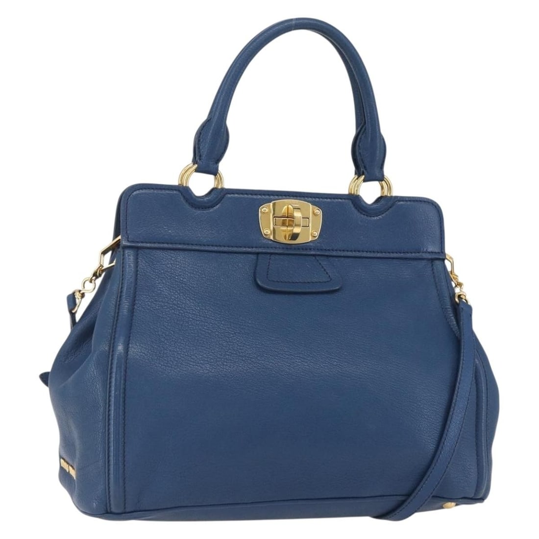 Miu Miu Leather Hand Bag Blue Gold 2way Authentic 156133: Miu Miu Leather Hand Bag Blue Gold 2way Authentic 156133 This stylish Miu Miu handbag is crafted from premium leather in a chic blue and gold color combination. The bag features a spacious design with