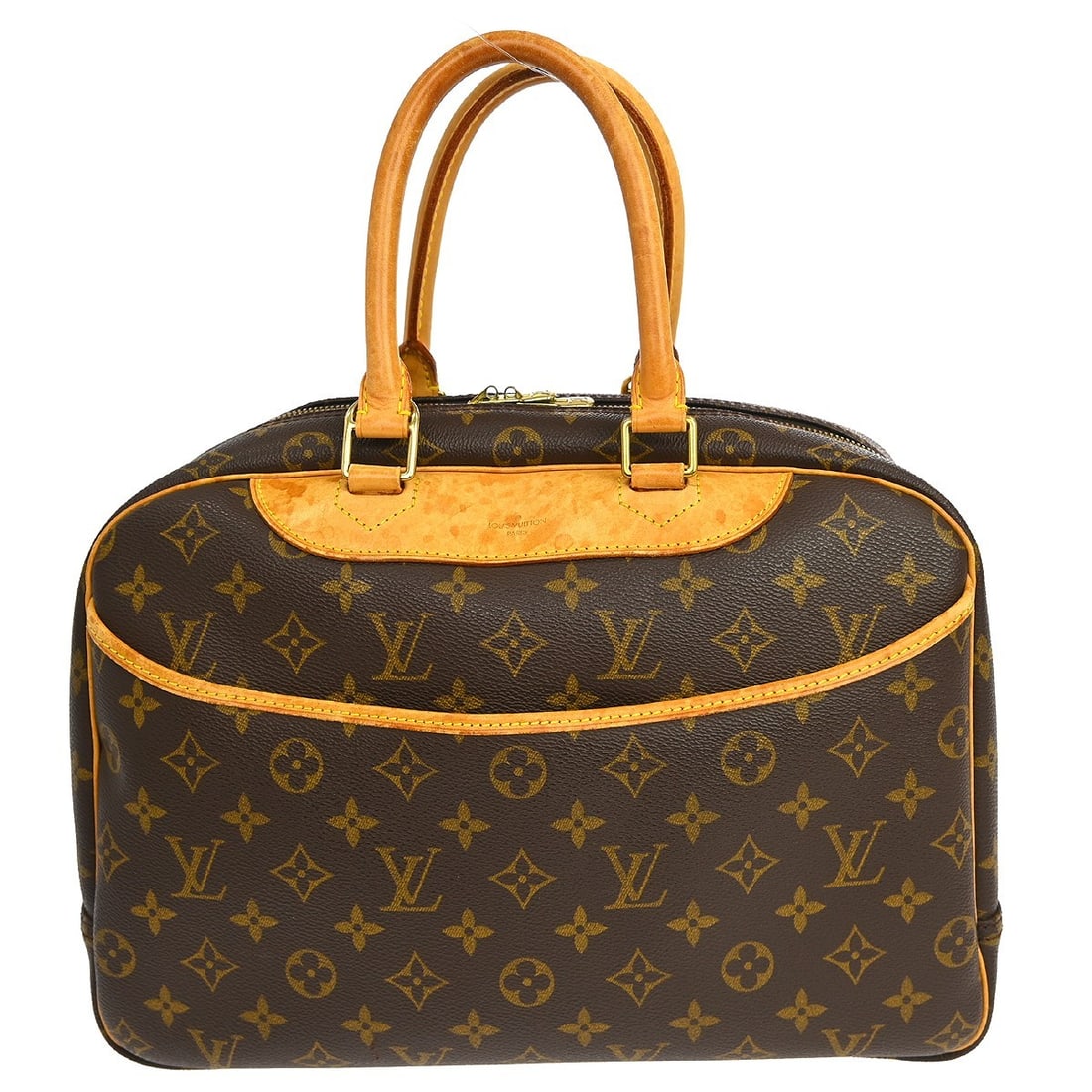 Louis Vuitton Deauville Bowling Vanity Monogram Canvas Handbag: Louis Vuitton Deauville Bowling Vanity Monogram Canvas Handbag This Louis Vuitton Deauville Bowling handbag features the iconic monogram canvas leather exterior with beige double handles and a zip clo