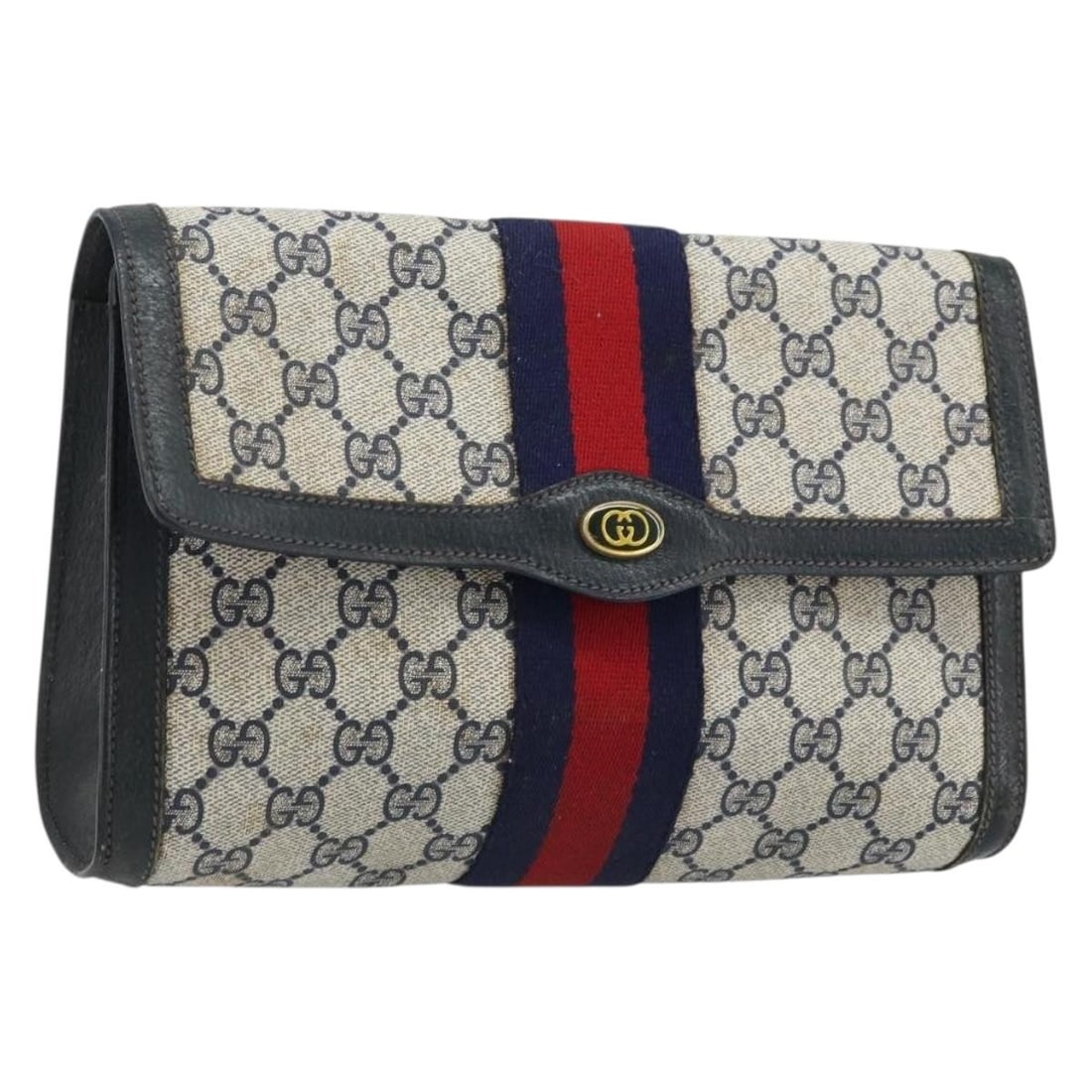 Gucci Sherry Line GG Supreme navy gold red clutch bag: Gucci Sherry Line GG Supreme navy gold red clutch bag This GUCCI GG Supreme Sherry Line clutch bag features a classic combination of navy, gold, and red in durable PVC leather and GG canvas. Made in I