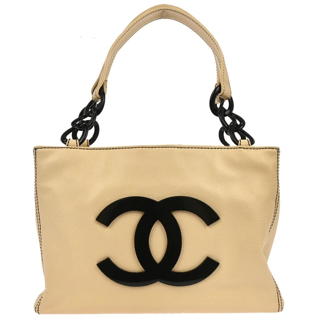 Beige Caviar Skin Leather Medium Tote by Chanel with Double Handles: Beige Caviar Skin Leather Medium Tote by Chanel with Double Handles This Chanel tote handbag features a beige caviar skin leather exterior with double handles and a magnetic closure. The interior is l