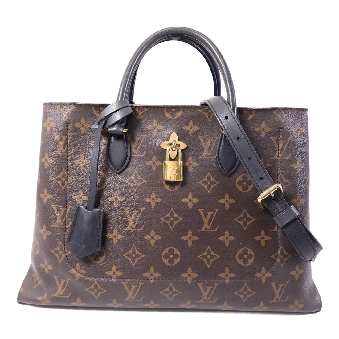 Louis Vuitton Flower Tote M43550 Monogram 2way Shoulder Bag GHW: Louis Vuitton Flower Tote M43550 Monogram 2way Shoulder Bag GHW This Louis Vuitton 2-way shoulder bag features the iconic Monogram pattern in brown and black with gold-tone hardware accents. Crafted f