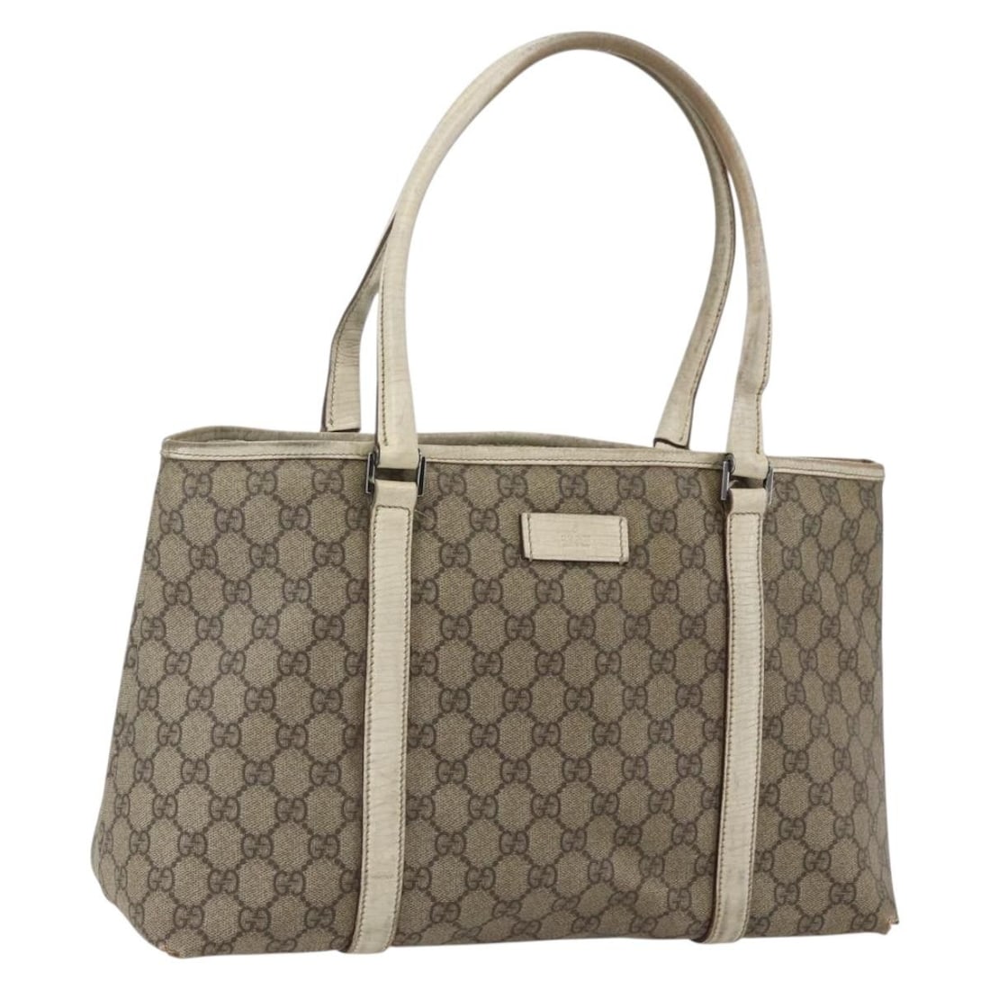 Beige Silver GG Supreme PVC Tote Handbag by Gucci 114595 Italy: Beige Silver GG Supreme PVC Tote Handbag by Gucci 114595 Italy This GUCCI GG Supreme tote bag features a beige and silver design crafted from PVC leather and GG canvas, offering a stylish and function