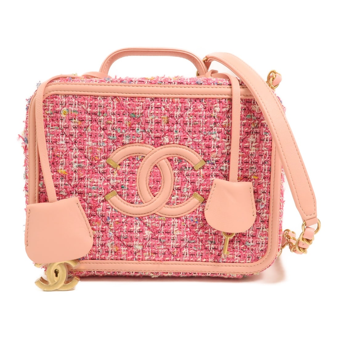 Chanel Pink Tweed Vanity Shoulder Bag with Gold Hardware Model A93343: Chanel Pink Tweed Vanity Shoulder Bag with Gold Hardware Model A93343 This CHANEL CC Vanity Case is a versatile 2-way shoulder bag crafted in pink tweed, featuring gold-tone hardware. Designed for wom