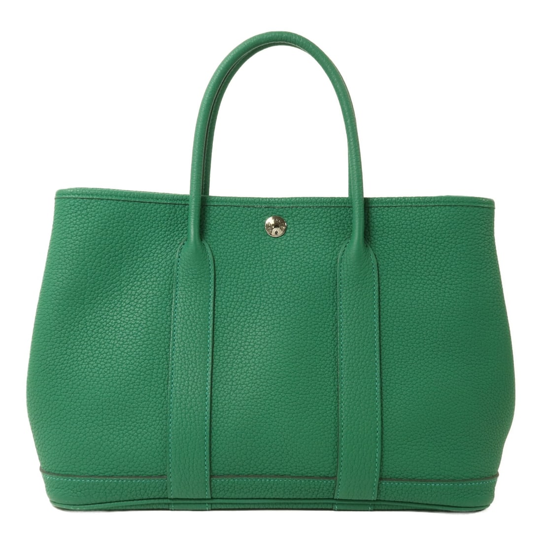 Hermes Garden Party TPM green calfskin tote bag: Hermes Garden Party TPM green calfskin tote bag This HERMES Garden Party TPM tote bag is crafted from Negonda calfskin leather in a vibrant Vert Vertigo green. Designed for women, it features a spacio