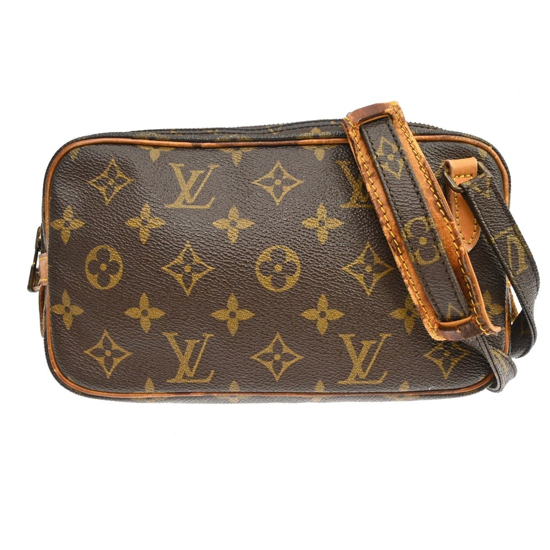 Louis Vuitton Monogram Marly Bandouliere Mini Crossbody Bag: Louis Vuitton Monogram Marly Bandouliere Mini Crossbody Bag This vintage Louis Vuitton Marly Bandouliere shoulder bag features the iconic monogram pattern on brown leather, complemented by a brown can