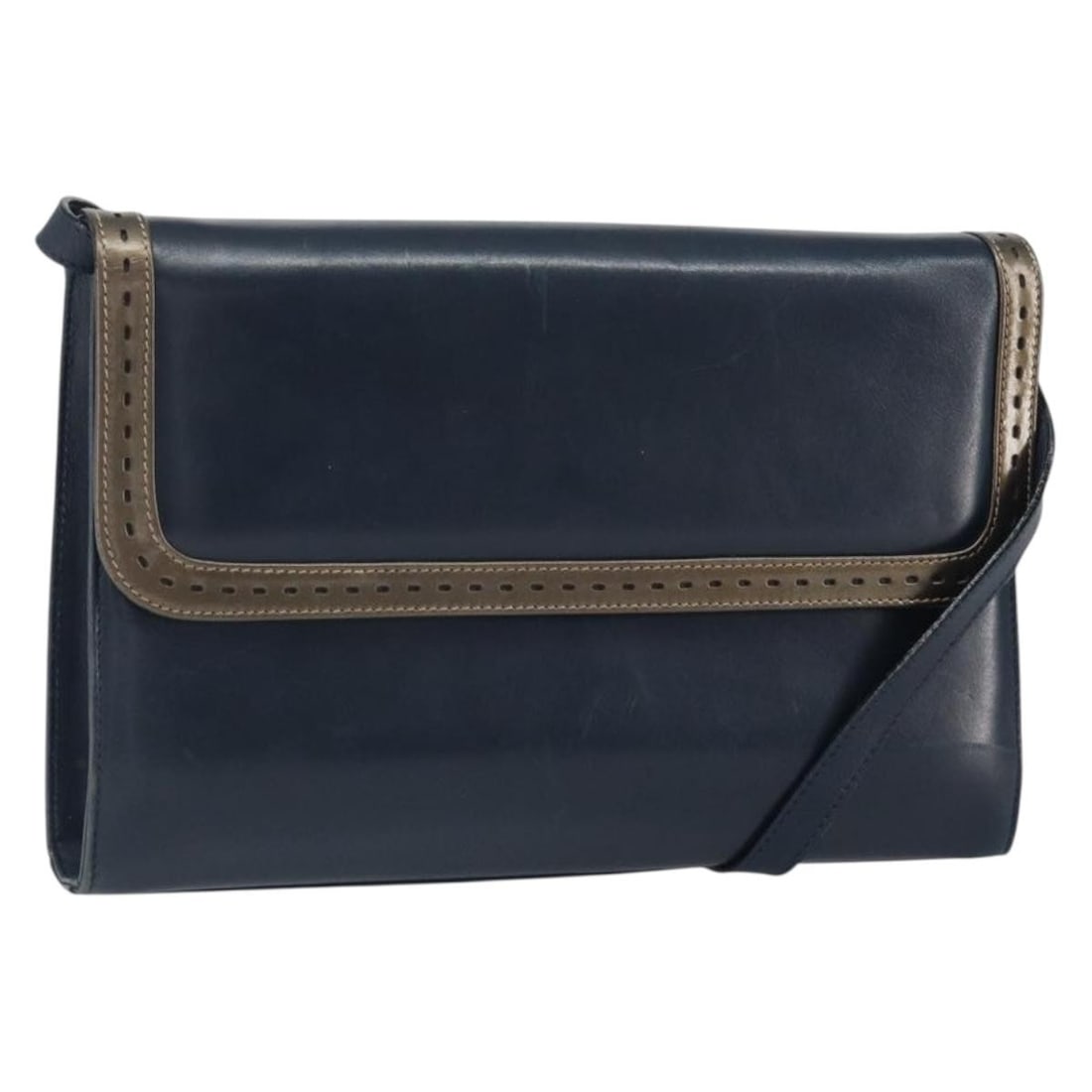 Navy Leather Shoulder Bag by Salvatore Ferragamo Gold Tone Hardware: Navy Leather Shoulder Bag by Salvatore Ferragamo Gold Tone Hardware This Salvatore Ferragamo shoulder bag features a navy leather exterior with gold-tone accents. Crafted in Italy, the bag has a struc