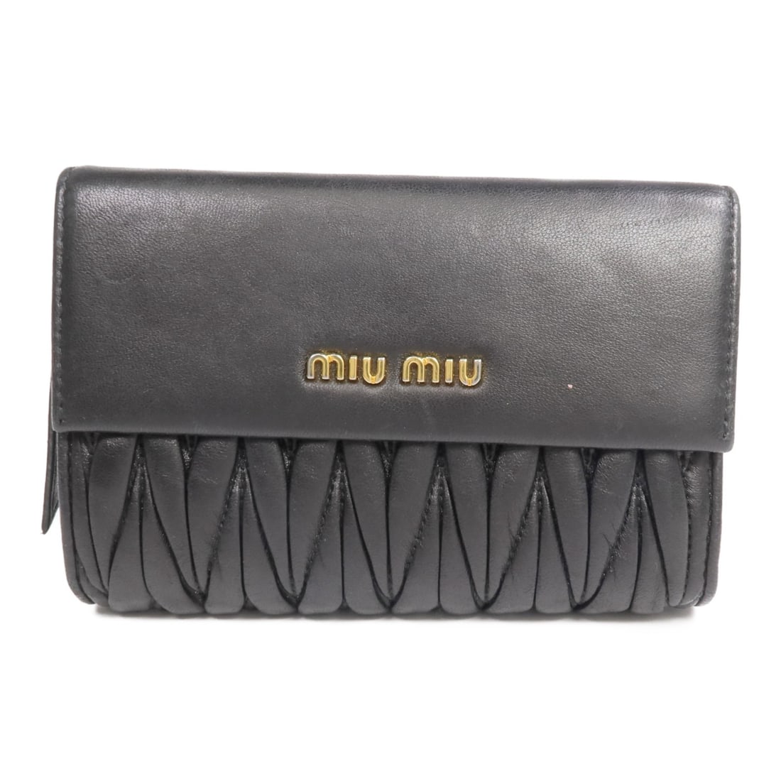 Miu Miu Black Lambskin Leather Bi-Fold Wallet with Gold Hardware: Miu Miu Black Lambskin Leather Bi-Fold Wallet with Gold Hardware This Miu Miu bi-fold wallet is crafted from black lambskin leather and features gold-tone hardware. Designed for women, it offers a cla